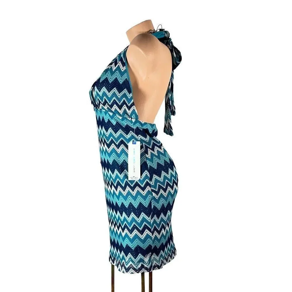 NWT Almost famous Sz L Teal White Chevron Backless Cleavage Sexy Fun mini dress